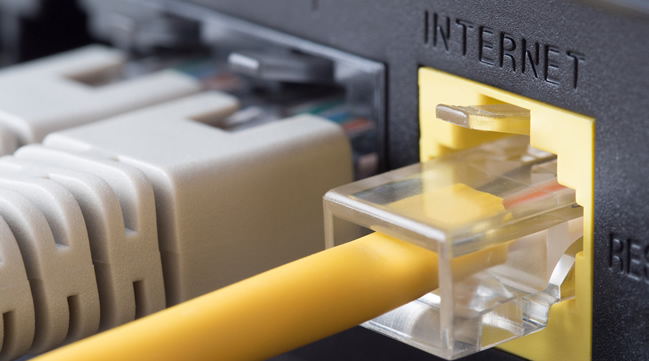 Ein Netzwerkkabel wird an den Router angeschlossen