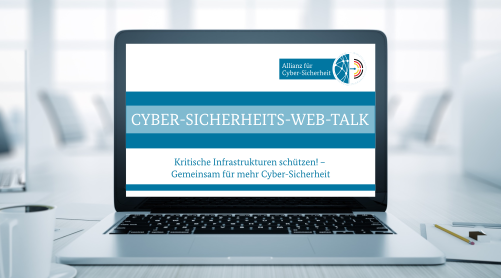 Ein Tablet mit Aufschrift Cyber-Sicherheits-Web-Talk und Logo der ACS, links daneben eine Kaffeetasse, rechts daneben Bleistift