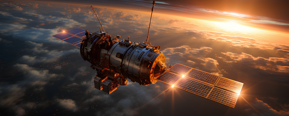 Satellit schwebt im Weltall. im Hintergrund sind einige Wolken und die aufgehende Sonne zu sehen. (Quelle: © Ensar Durguti / Adobe Stock) Satellit schwebt im Weltall. im Hintergrund sind einige Wolken und die aufgehende Sonne zu sehen.