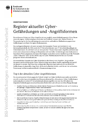Titelbild zu BSI- Cyber-Sicherheitsempfehlung: Register aktueller Cyber-Gefährdungen und -Angriffsformen v1.1