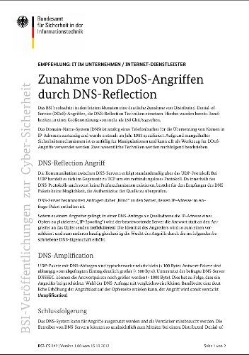 Titelbild zu BSI- Cyber-Sicherheitsempfehlung: Zunahme von DDoS-Angriffen durch DNS-Reflection v1.0