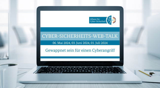 Illustration: aufgeklappter Laptop mit Ansicht ACS-Logo und Text Cyber-Sicherheits-Web-Talk Gewappnet sein für einen Cyberangriff Illustration: aufgeklappter Laptop mit Ansicht ACS-Logo und Text Cyber-Sicherheits-Web-Talk Gewappnet sein für einen Cyberangriff