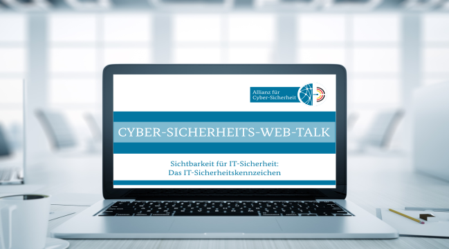 Illustration: aufgeklappter Laptop mit Ansicht ACS-Logo und Text Cyber-Sicherheits-Web-Talk Sichtbarkeit für IT-Sicherheit: Das IT-Sicherheitskennzeichen Illustration: aufgeklappter Laptop mit Ansicht ACS-Logo und Text Cyber-Sicherheits-Web-Talk Sichtbarkeit für IT-Sicherheit: Das IT-Sicherheitskennzeichen